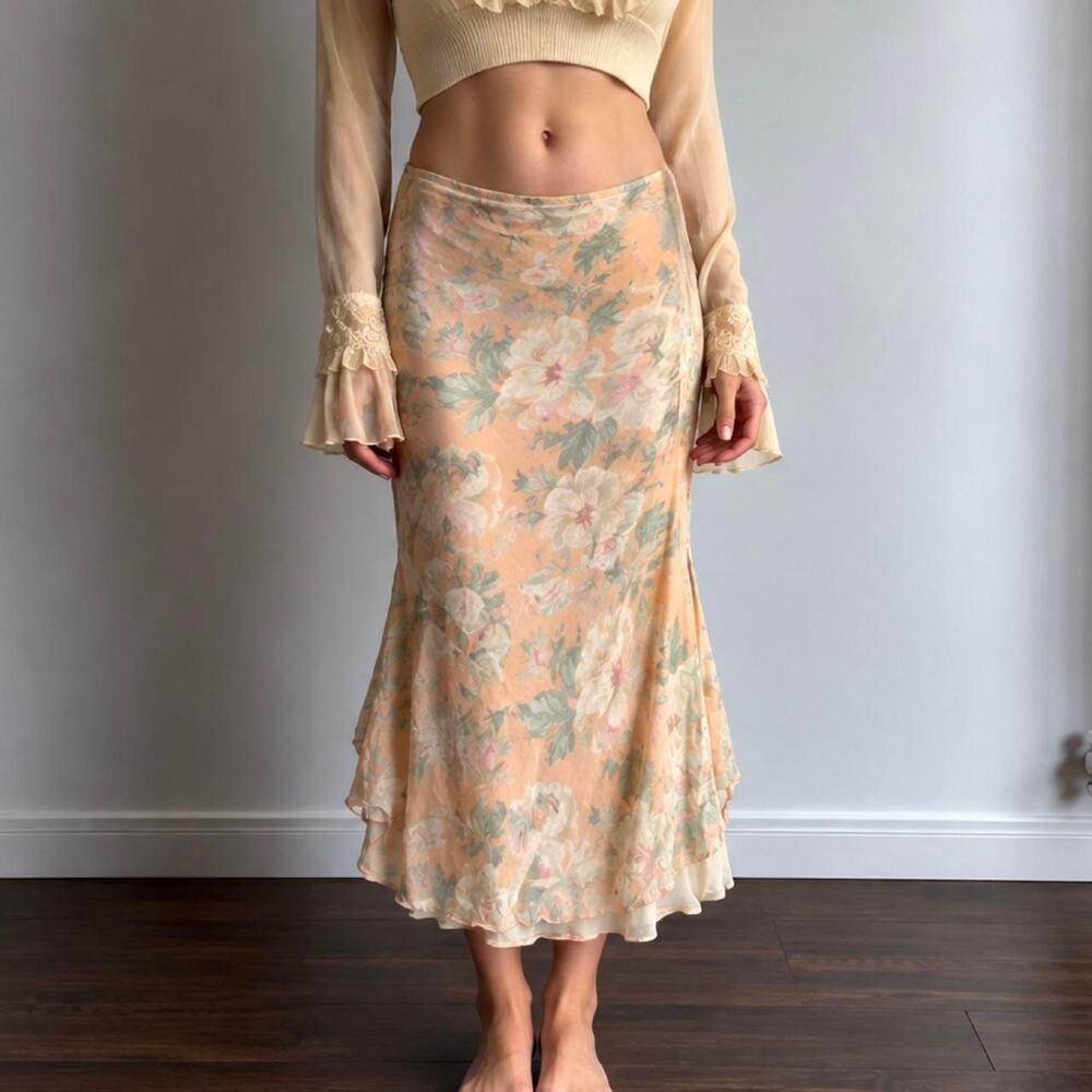VTG 90s Italian Ralph Lauren 100% Silk Creamsicle Orange Floral Midi Skirt Sz 12